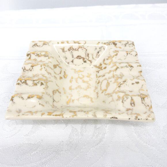 Vintage MCM Ashtray 22 KT Gold White Hand Painted 5" X 4" - Picture 2 of 12